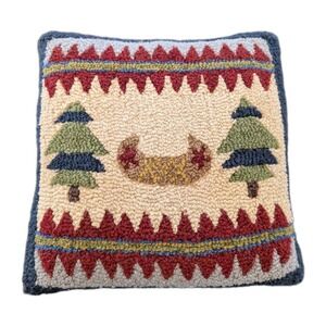 Pendleton Canoe Hooked 18 x 18" Throw Pillow 100% Wool Feather Fill EUC Cabin